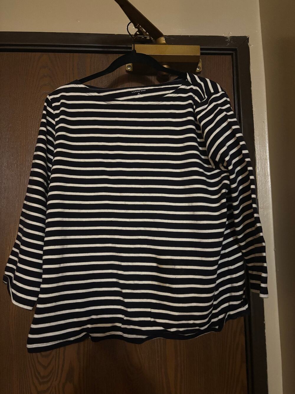 Lands End Navy/ White Striped Nautical Fall Preppy Office Long-Sleeve Shirt
